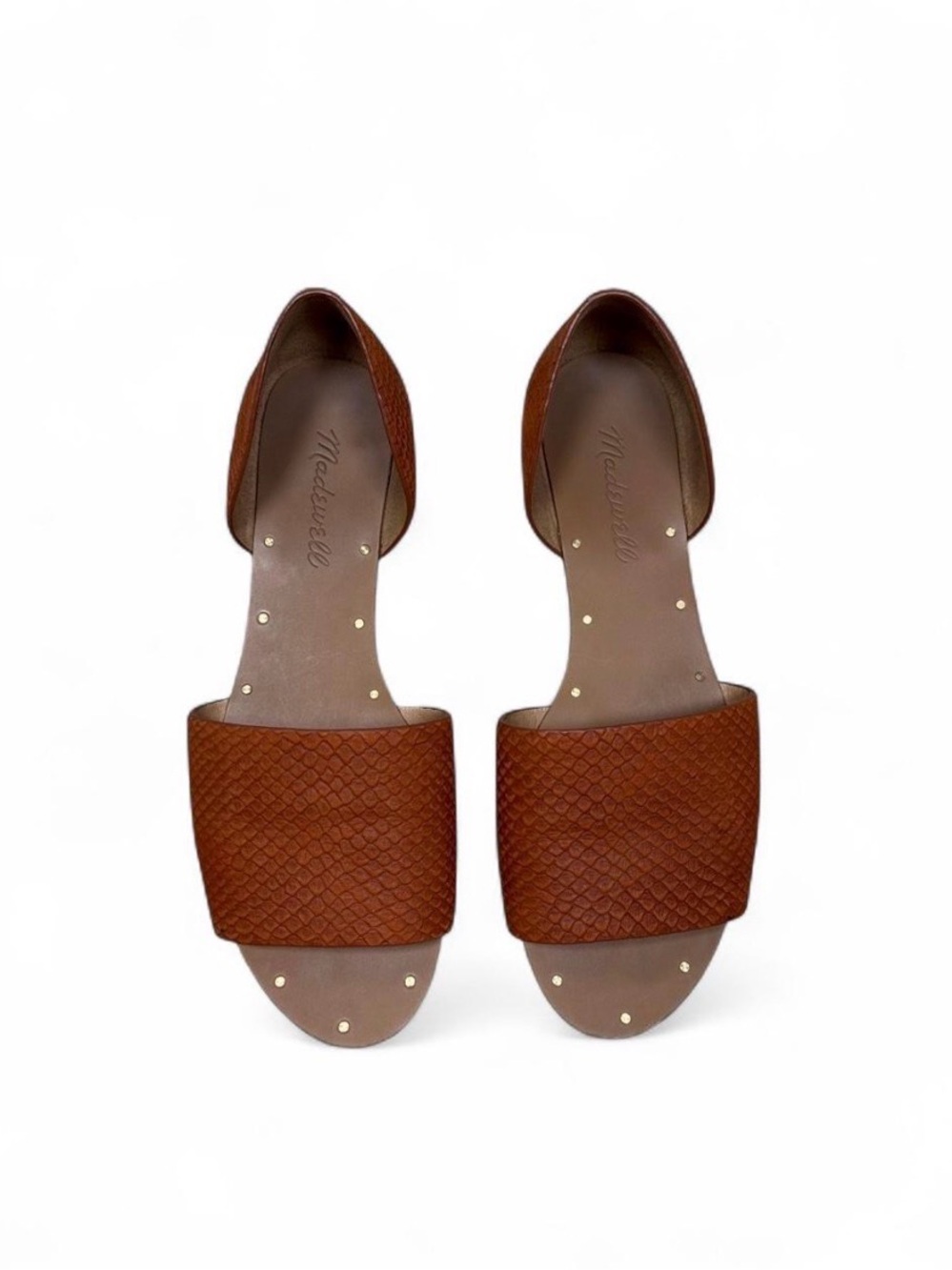 Madewell Thea d'Orsay Leather Flat Sandals Burnt Orange Snake Embossed Size 6